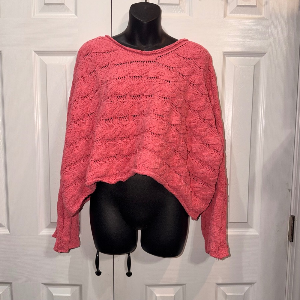 NWOT POL Womens Pink Cable Knit Oversized Sweater Boat Neck Textured Pullover Sm - Picture 2 of 4